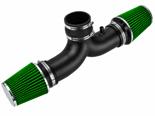 Rtunes Racing short ram air intake with black pipe and dual green conical air filters for Dodge and Jeep vehicles.
