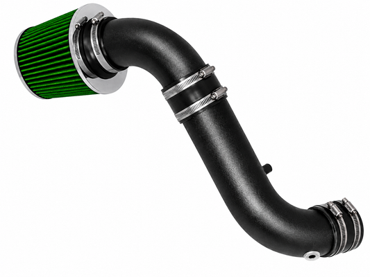 Black short ram air intake kit with a green conical filter and metal clamps for 2003-2010 Dodge Dakota.