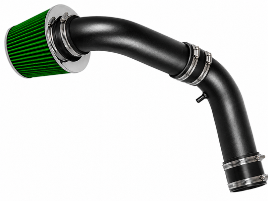 Rtunes Racing short ram air intake with a green cone filter and black powder-coated aluminum pipe for Dodge Ram.