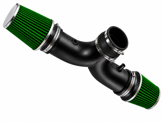 Rtunes Racing dual short ram air intake with black powder-coated pipe and two green conical air filters.