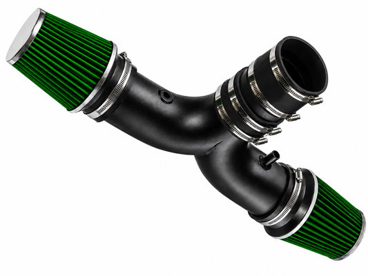 Dual green cone air filters attached to a black Y-shaped intake pipe with metal hose clamps for 5.7L HEMI engines.
