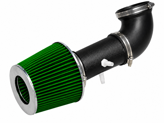 Black short ram air intake pipe with a green conical filter and metal hose clamps for Dodge Stratus and Chrysler Sebring.