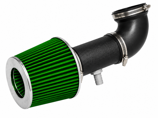 Short ram air intake kit with a green conical filter and black powder-coated pipe for 2.7L engines.