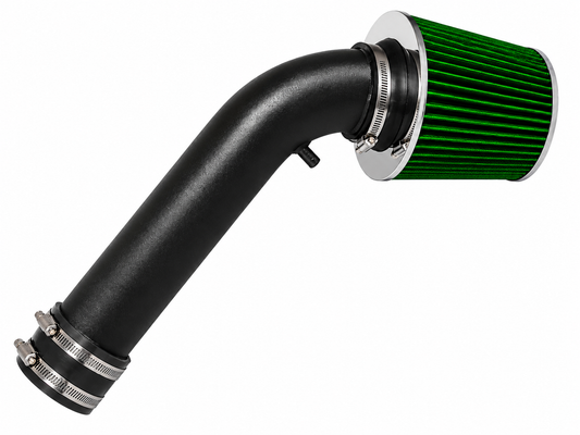 Black short ram air intake pipe with a green conical air filter and silver metal hose clamps on a white background.