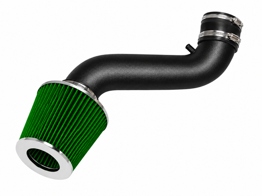 Black short ram air intake pipe with a green conical air filter and chrome accents for 3.5L V6 engines.