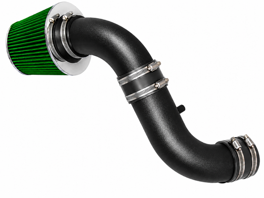 Black short ram air intake pipe with a green conical air filter and metal hose clamps for Dodge Nitro 3.7L V6.