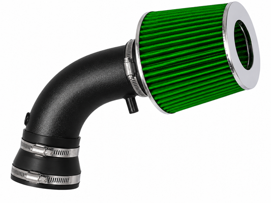 Short ram air intake kit with a black powder-coated pipe and a vibrant green conical air filter for 3.3L V6 engines.