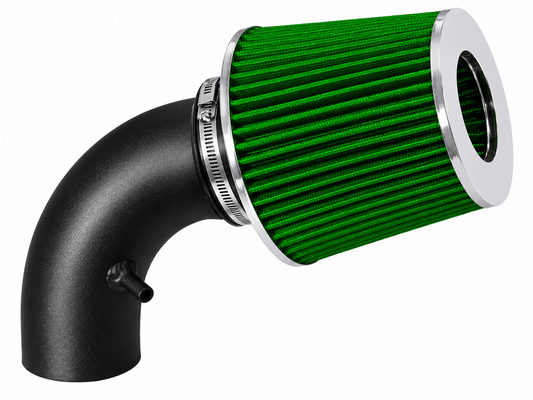 Rtunes Racing short ram air intake with a green cone filter and black powder-coated aluminum pipe.