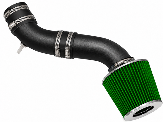 Black short ram intake pipe with a green conical air filter and silver metal clamps for 2.5L V6 engines.