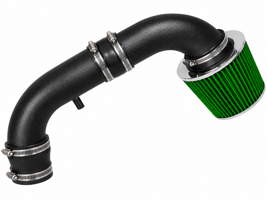 Black short ram air intake pipe with a green conical air filter and silver metal clamps for 95-00 Stratus, Cirrus, Breeze.