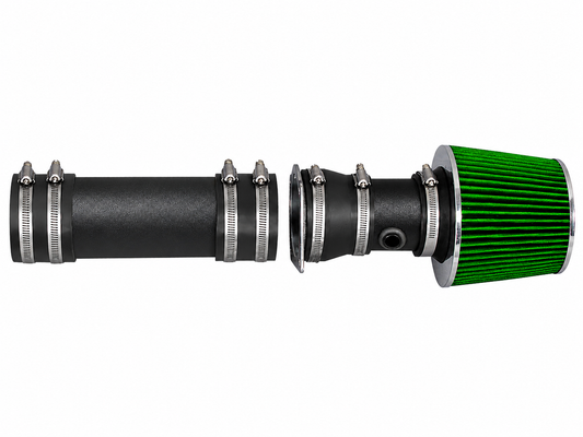 Black short ram air intake kit with a green conical filter and metal hose clamps for Ford F-150 and Bronco V8 engines.