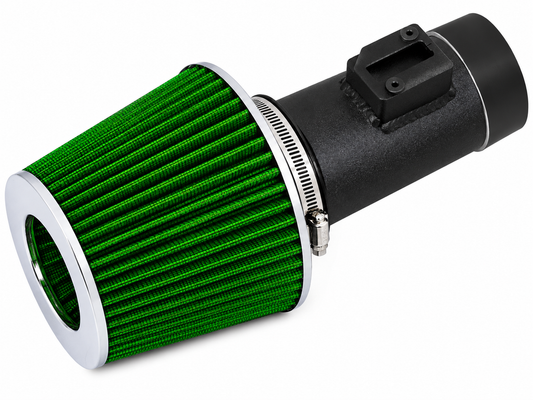 Rtunes Racing short ram air intake with a green cone filter and black powder-coated aluminum pipe for Ford and Mercury.