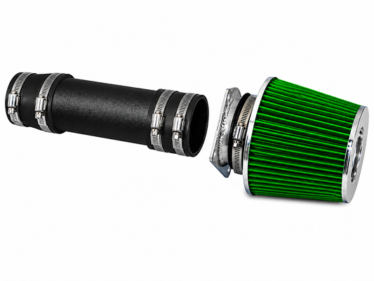 Short ram air intake kit with a black pipe, metal clamps, and a green cone air filter for Ford Windstar 3.8L V6.