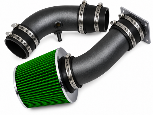 Rtunes Racing short ram air intake with black pipes, green cone filter, and metal clamps for Ford Ranger and Mazda B2300.