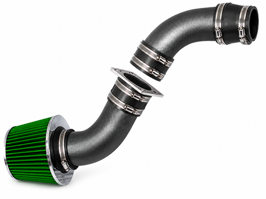 Rtunes Racing short ram air intake with a green cone filter and textured gray aluminum piping for Ford Ranger.