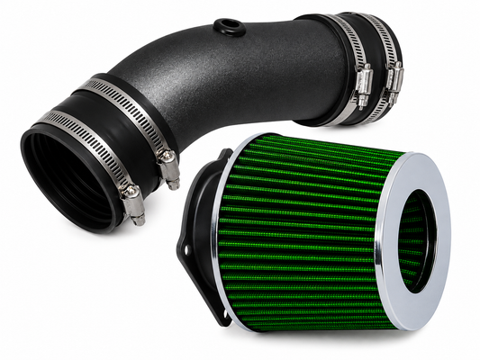 Black short ram air intake pipe with metal clamps and a cylindrical green performance air filter with chrome trim.