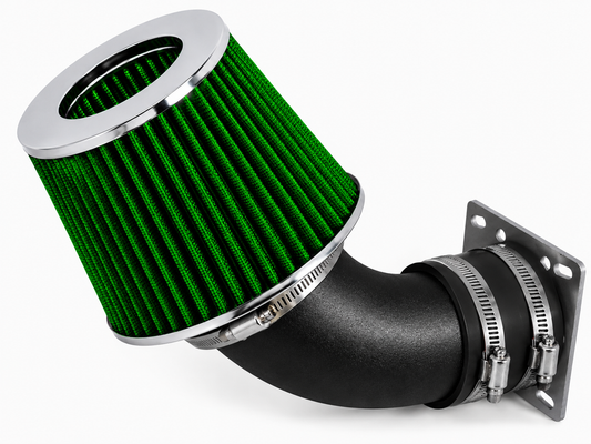Short ram air intake kit with a green conical filter, chrome trim, and a black intake pipe for Ford Ranger and Mazda.