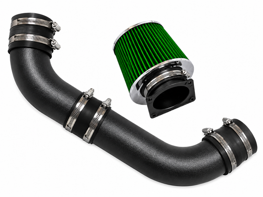 Black short ram air intake pipe with a green conical air filter and metal hose clamps for Ford Explorer and Ranger.