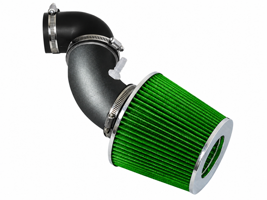 Rtunes Racing short ram air intake with a textured black pipe and a vibrant green cone air filter for Honda Fit.