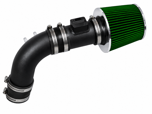 Rtunes Racing black short ram air intake with a green conical filter for 2004-2007 Honda Accord 2.4L SULEV engines.