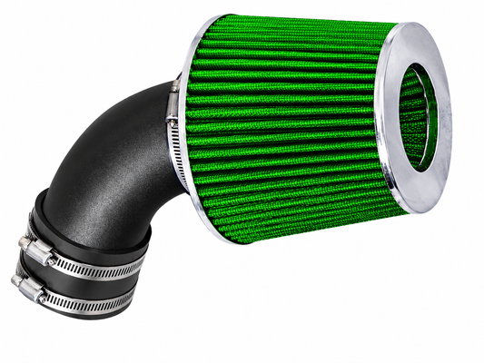 Rtunes Racing short ram air intake with a green cone filter, black curved intake pipe, and chrome mounting hardware.