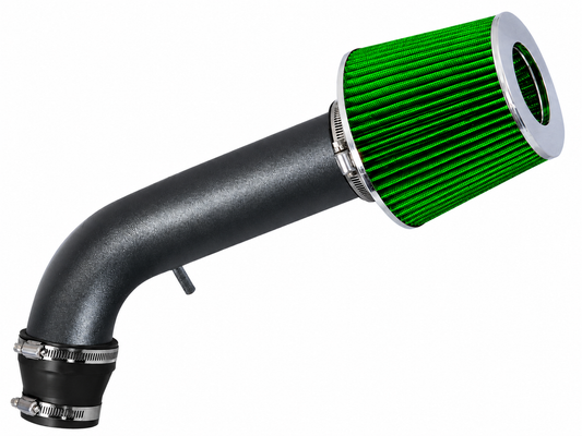 Rtunes Racing short ram air intake with a black pipe and a vibrant green conical air filter for Honda and Isuzu vehicles.