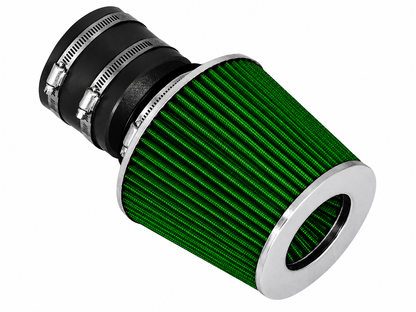 Green conical air filter with a chrome end cap and black rubber coupler with metal hose clamps for Kia Spectra.