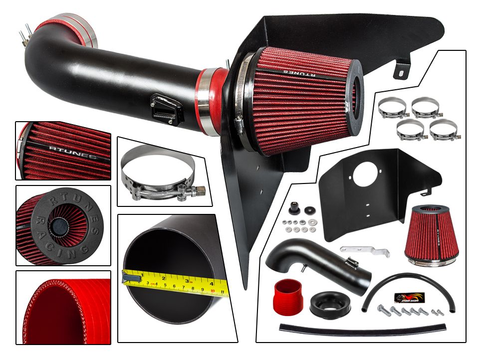 RTUNES RACING BLACK PIPE HEAT SHIELD COLD AIR INTAKE + FILTER Compatible  For 10-15 Chevy Camaro SS V8 6.2L